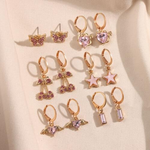 Flatfoosie 6Pair Shiny Rhinestone Butterfly Heart Drop Earrings Set for Women Pink Star Geometric Dangle Earrings Trendy Jewelry