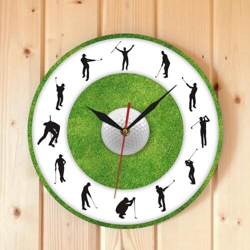 Golf Ball Clock Golfer Figure Grass Modern Printed Wall Clock Modern Design 12 Inch Golf Player Sports Wall Art Golf Club Decor