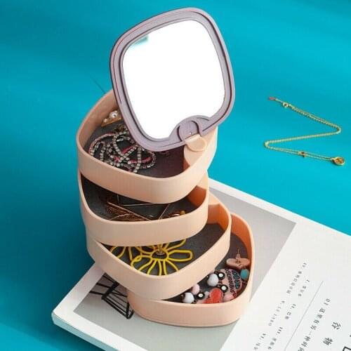 4-Layer Rotatable Jewelry Storage Box With Makeup Mirror Multifunctional Dustproof Desktop Earring Necklace Bracelet Flannel Box