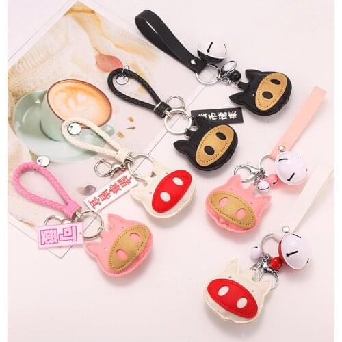 CHUNOU Cute Bell Leather Pig Keychain Braided Rope PomPom Animal Keyring Novelty Woman Man Bag Car Key Holder Gift Sleutelhanger