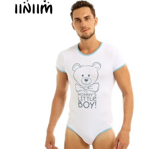 Iiniim Mens Adult Baby & Diaper Lover Lingerie Bodysuit Bodystocking Crotch Front Printed Sissy Gay Male Bodysuit Romper Pajamas