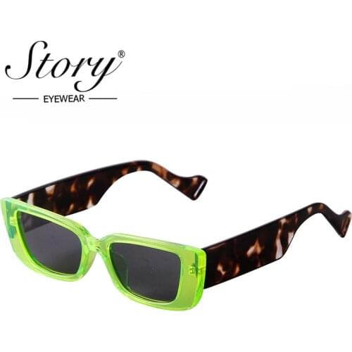 STORY Vintage Steampunk Square Sunglasses Women Men 2020 Retro Fluorescent Green Thick Frame Punk Cat Eye Sun Glasses S3910K