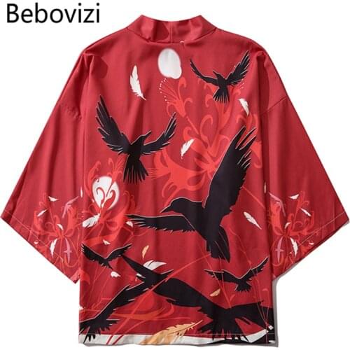 Bebovizi Japanese Crow Print Kimonos Streerwear Yukata Women Haori Harajuku Kimono Robe Cardigan Men Red Asian Clothes