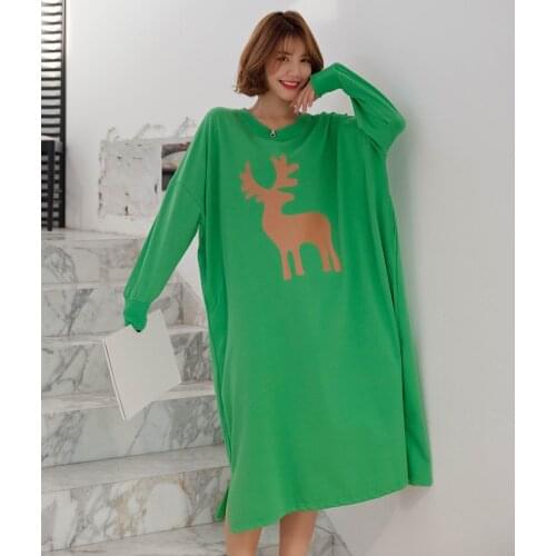 Sweet Cartoon Night Dress Oversize Women Autumn Long Sleeve Sleepwear Cute deer Nightgown Loose Terry Nighty Christmas Gift