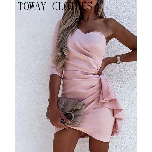 One Shoulder Long Sleeve Solid Color Plain Ruffles Ruched Bodycon Dress Mini Summer Dresses For Women