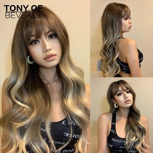 Brown to Blonde Ombre Synthetic Wigs Long Natural Wavy Heat Resistant Fiber Wigs for Women Afro with Bangs Cosplay Daily Wig