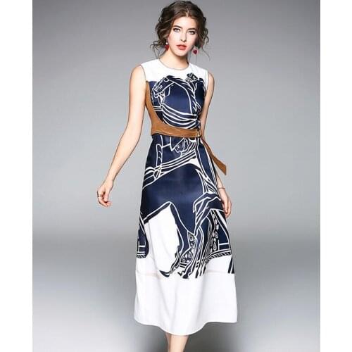 Womens European fashion summer sleeveless print tank dress female vintage A-Line high waist chic belt dress TB976