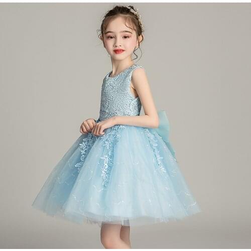 Blue Flower Girls Dresses Summer Sleeeveless Wedding Evening Ball Gown Tutu Lace Floral Kids Dresses for Girls Clothing