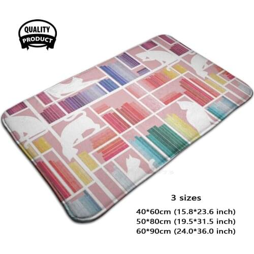 Rainbow Bookshelf / / Blush Pink Background White Shelf And Library Cats Soft House Family Anti-Slip Mat Rug Carpet Bookshelf