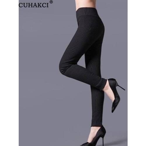 CUHAKCI Sexy Leggings Plaid Casual Trousers Striped Women Black White High Waist Elastic Pencil Pants