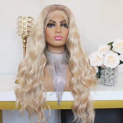 Synthetic Lace Wigs Ombre Blonde Natural Wave for Women Long Dark Roots Blonde Color Middle Part Heat Resistant Wigs 22inch