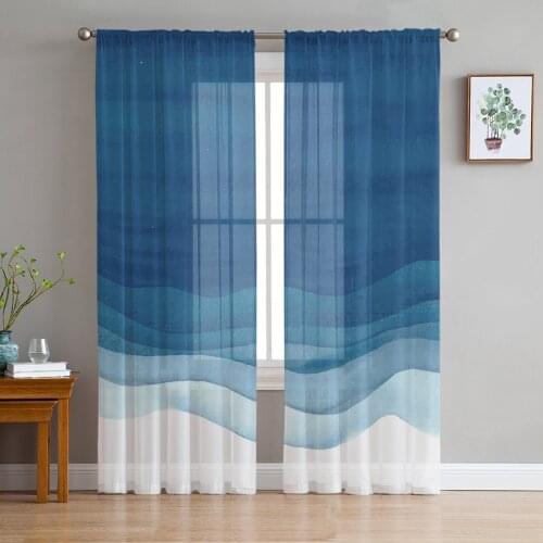Blue Wave Watercolor Window Treatment Tulle Modern Sheer Curtains for Kitchen Living Room the Bedroom Curtains Decoration