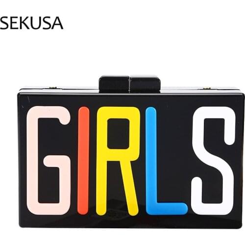 Black Color Acrylic Women Day Clutch Girls Letter Lady Evening Bags With Chain Shoulder Handbags Purse