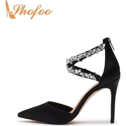 Black Crystal Stilettos Pumps Satin Woman High Thin Heels Pointed Toe Large Size 14 15 Ladies Fashion Evening Party Shoes Shofoo