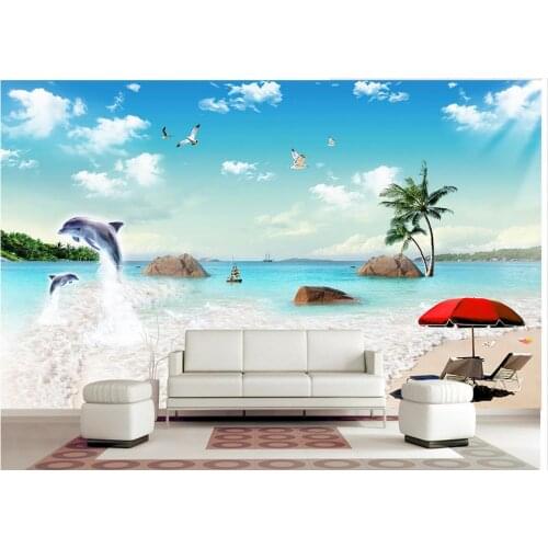 3d wallpaper custom 3d wall murals wallpaper The sea coconut trees dolphins and blue sky white clouds landscape paintings wall
