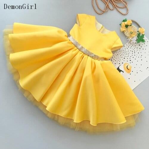 Yellow Satin Infant Girls Dresses Party Ball Gown Baby Girl Baptism Pageant First Birthday Gown Size 1-14Y
