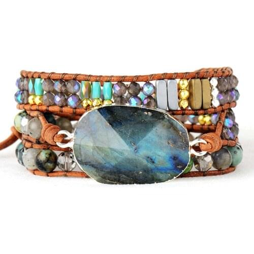 Exclusive Women Bangles Bracelets Natural Stone Crystal 3 Strands Leather Wrap Bracelet Femme Bracelets FemmeGifts Dropship