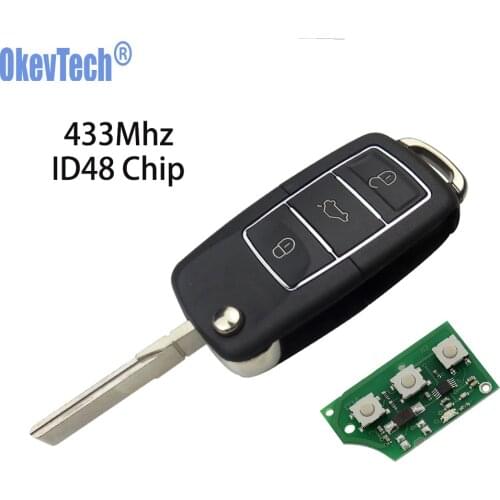 OkeyTech Remote Car Key for V W Golf Passat B6 T5 Polo Volkswagen 3 Button 433Mhz ID48 Chip Flip Folding HU66 Uncut Blank Blade