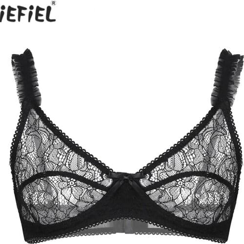 Mens Sissy Bras See Through Sheer Floral Lace Lingerie Bralette Underwear Adjusted Straps Wire-free No Padded Bralette Bra Tops