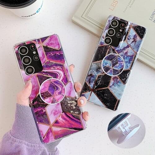 Plating Geometry Splicing Marble Case With Holder For Samsung S21 S20 Ultra S10 Plus Note 20 10 Plus A70 A50 Soft IMD Back Cover