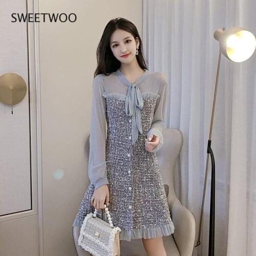 New Spring Vintage Sexy See-through Chiffon Patchwork Tweed Mini Dress Women Ribbon Bow Single-breasted Long Sleeve Party Dress