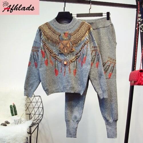 2020 Spring New Two-Piece Cartoon Printed Beaded Pullover Sweater Tops + Casual Pants Fashion Women Thin Two-Piece Set