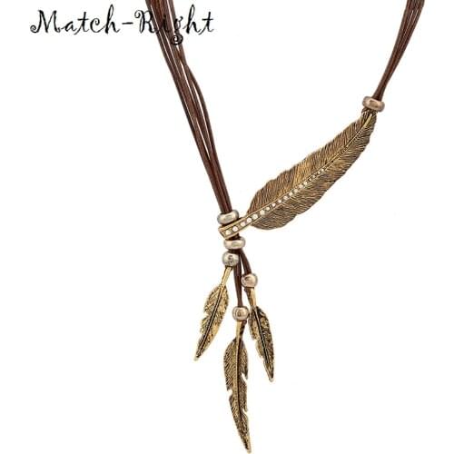 Match-Right Necklace Alloy Feather Statement Necklaces Pendants Vintage Jewelry Rope Chain Necklace Women Accessories NL535