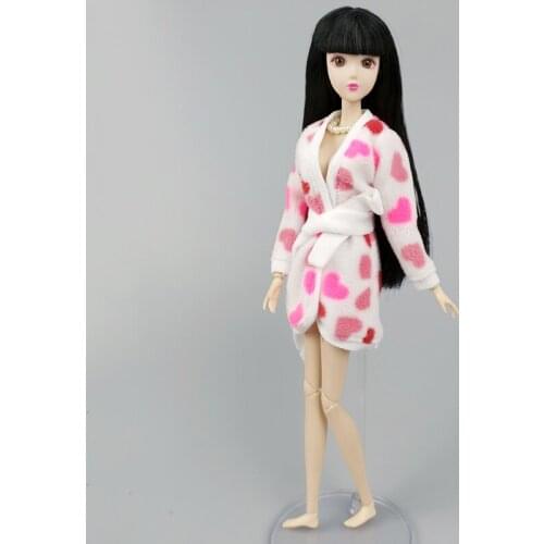 Pink White Heart Robe For Barbie Doll Bathroom Suits Bathrobe Winter Pajama Wear Sleeping Casual Clothes Dollhouse 1/6 Toys