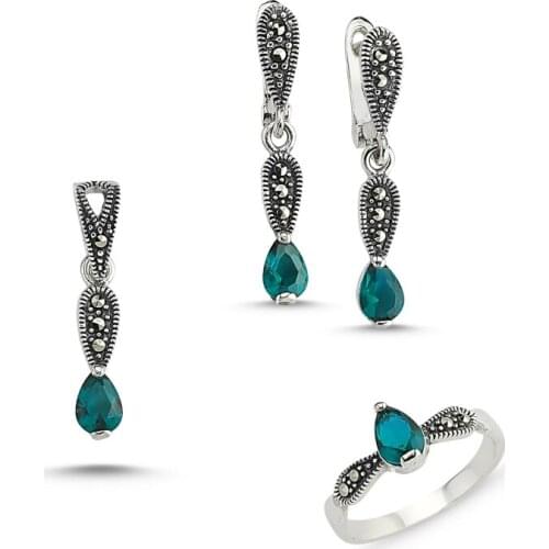 Silver 925 Sterling Marcasite Pendant Earring & Ring Set