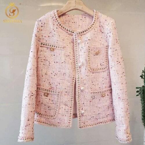 SMTHMA New Fashion Autumn And Winter Pink Pearl Button Jacket Womens Sweet Temperament Tweed Woolen Outwear