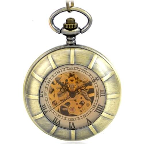 Brown Modern Skeleton Mechanical Hand Wind Pocket & Fob Watch Clamshell Magnifier Womens Pendant Pocket Watch Full Hunter Gift