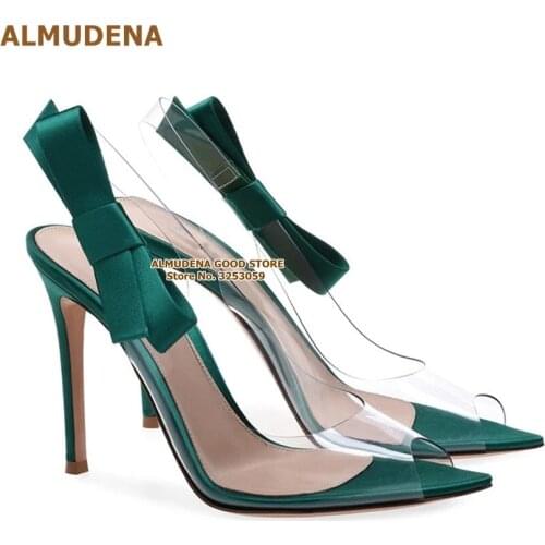 ALMUDENA Emerald Satin Cloth Bowtie High Heel Pumps Clear PVC Pointed Toe Dress Shoes Slingback Open Toe Butterfly-Knot Sandals