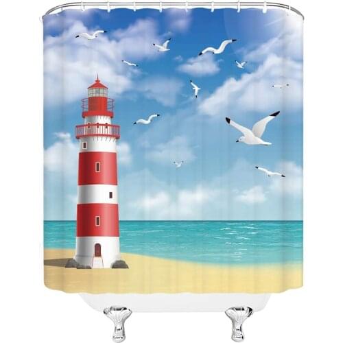 Shower Curtain Ocean Beach Seagull Blue Sky White Clouds Simple Blue Red White Bathroom Curtains Decor Polyester Fabric Quick Dr