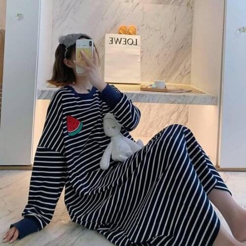 PLUS SIZE Women Long Nightdress Sleepwear Spring Autumn Cotton Long Nightgown Nightwear Loose Bathrobe Striped Home Dress 5XL