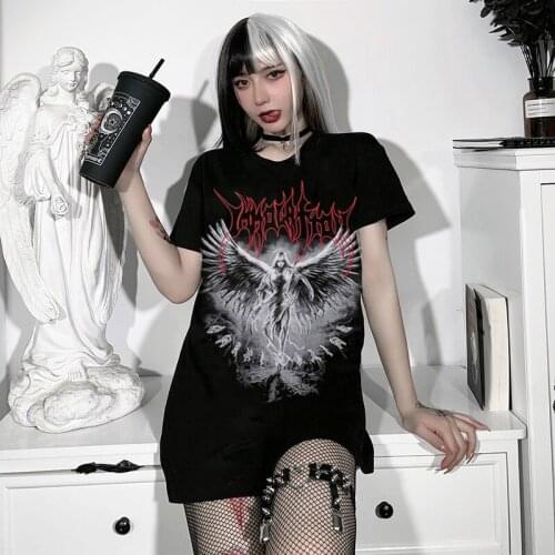 Retro angel Goth Tshirt Women Oversized Emo Punk Harajuku Summer Top Dark Aesthetic Fairy Grunge y2k Plus Size Alternative Cloth