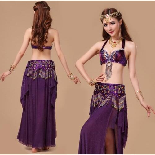 2017 Belly Dance Costume S/M/L 3pcs Bra&Belt&Skirts Sexy Dancing women dance clothes Set bellydance wear 4 color Indian Dresses
