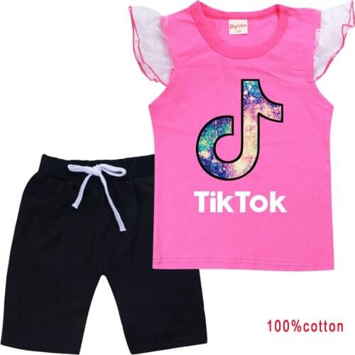 TIK TOK Girls Summer Set Cotton Bubble Sleeve T-Shirt Vest + Medium Pants