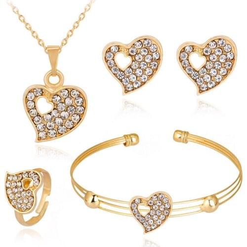HC Dubai Gold Color Women Crystal Wedding Jewelry Set Cute Heart Shaped Necklace Earrings for Girl Kid Child Gift Jewelry Sets T