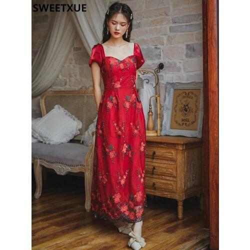 SWEETXUE Vintage Dress Womens Retro Slim Heavy Industry Embroidery Sexy Square Collar Elegant Mesh Patchwork Dress