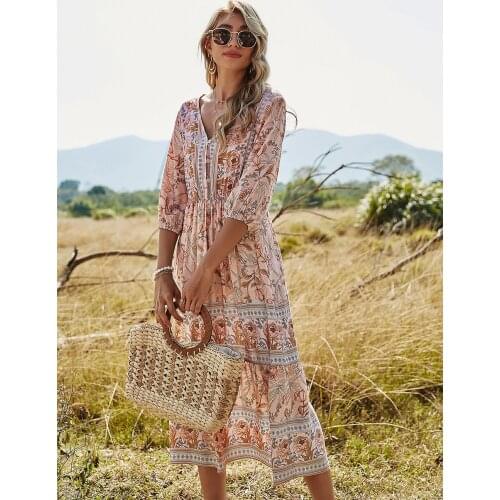 2021 Spring Womens New Bohemian Print Dress Ladies High Waist V-Neck A-Line Skirt Holiday Beach Outdoor Outing Dress Clothing