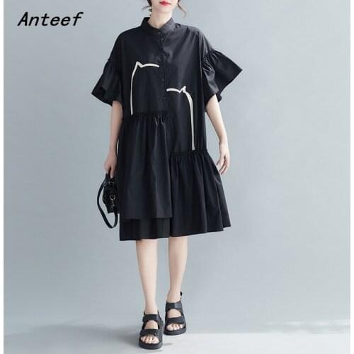 Short sleeve black cotton vintage dresses for women casual loose midi woman summer shirt dress elegant clothes 2021