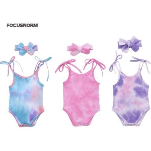 0-24M Tie-Dye Infant Baby Girls Boys Bodysuits Headband 2pcs Printed Sleeveless Belt Jumpsuits