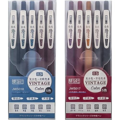 5pcs/pack Vintage Ink Gel Pens Retractable 0.5mm Bullet Point Journaling Pens Assorted Color Stationery Pens School Supplies