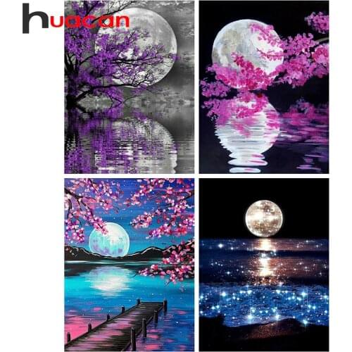 Huacan 5d DIY Diamond Painting Full Square Mosaic Moon Evening Diamond Beads Embroidery Seaside Reflection Landscape Wall Decor