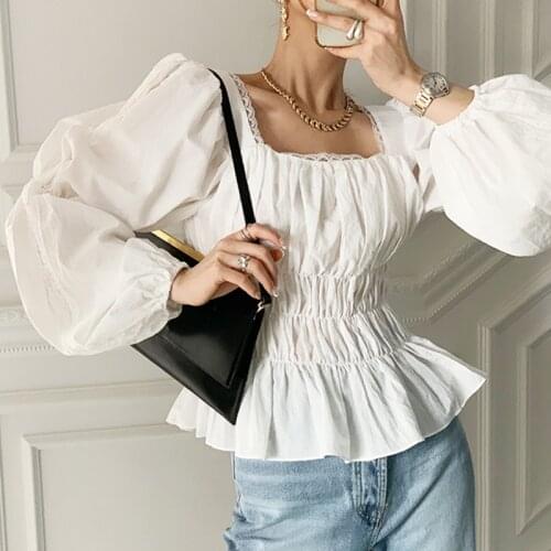 INS Casual Lantern Sleeve Shirts Women White Cotton Lace Splice Tops 2021 Summer Autumn Square Collar Slim Blouses Femme