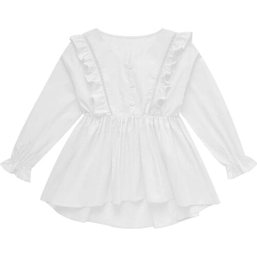 Girls Blouses Cotton Shirts Tops Kids Pure Color V Neck Long Sleeve Ruffled Peplum Top Spring Autumn Casual Children Clothing