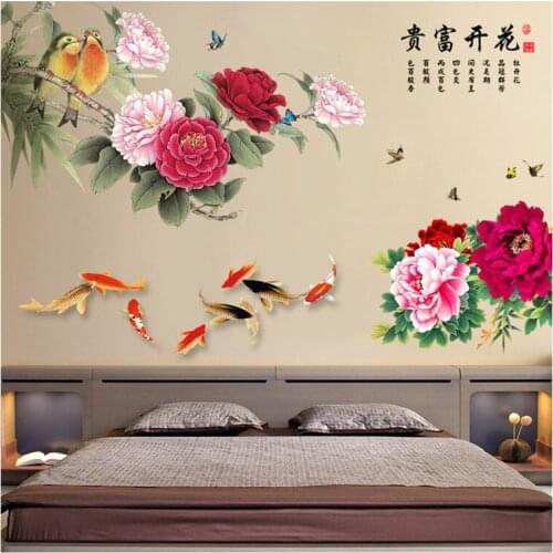 Large Chinese Style Wall Stickers Flowers for Living Room Sofa TV Wall Decals Study Bedroom Decoration Removable Home Murals PVC