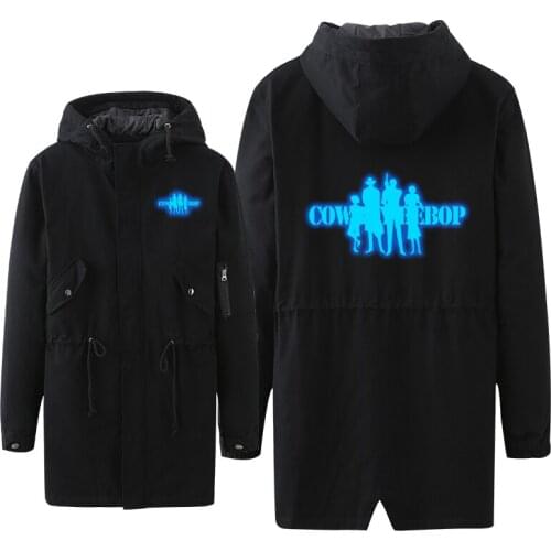 Cowboy Bebop Couples Long Coat Cosplay Hoodie Role Spike Faye Luminous Print Black Zipper Hooded Tooling Thin Jacket Overcoat