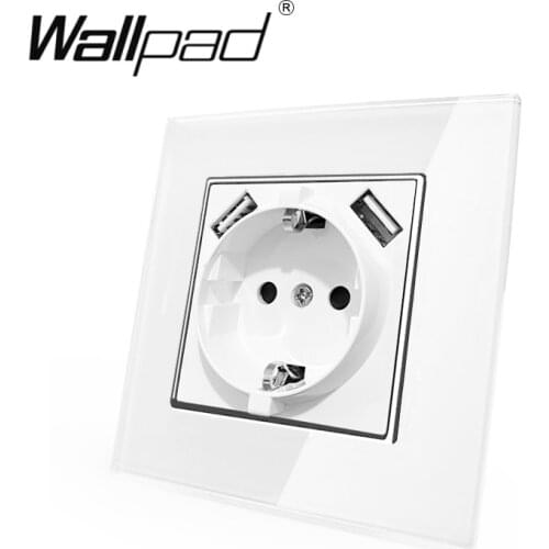 EU Socket with USB Wallpad White Glass Panel EU Schuko Power Socket with Double USB Charging Ports 5.1DC 2.1A For EU Round Box