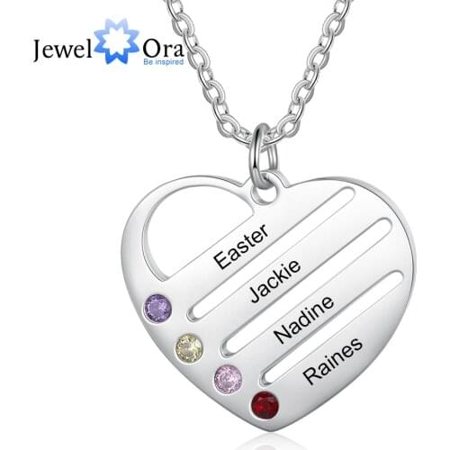 JewelOra Personalized Engraving 2-4 Names Heart Necklace & Pendants Customized DIY Birthstone Jewelry Christmas Gift for Mother